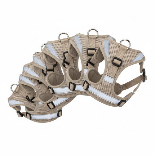 Adjustable No-Pull Dog Harness in grey mesh with reflective strips