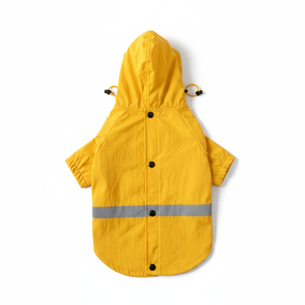 Yellow waterproof dog raincoat with hood and reflective strips