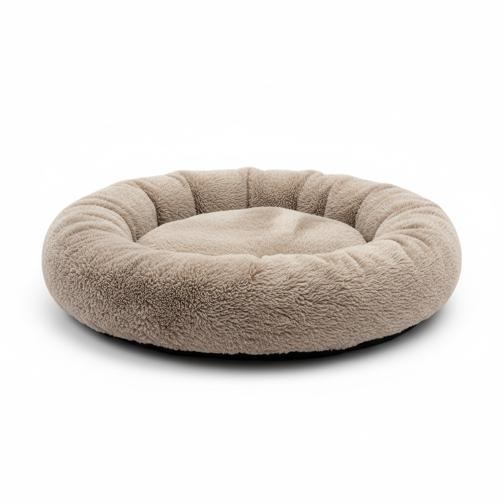 Round fluffy calming donut dog bed in beige plush