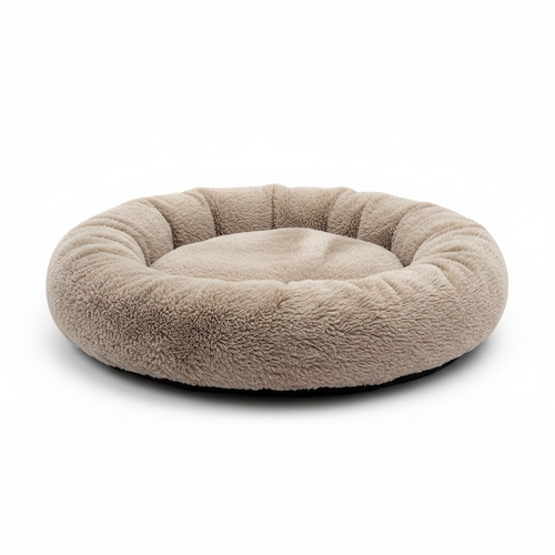 Round fluffy calming donut dog bed in beige plush